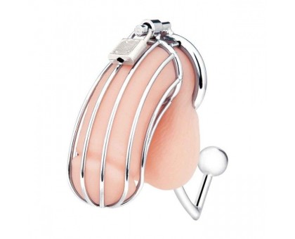 Серебристая металлическая клетка с анальным стимулятором Cock Cage