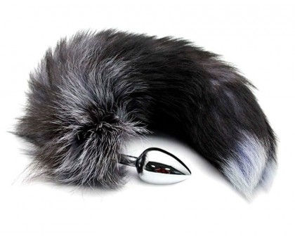 Серебристая анальная пробка с темным лисьим хвостом Black & White Fox Tail Size M