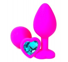 Розовая силиконовая пробка с голубым кристаллом-сердечком - 8 см.