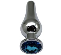 Серебристая анальная пробка с голубым кристаллом - 13 см.