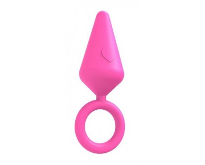 Розовая конусовидная анальная пробка с колечком-ограничителем - 9 см.