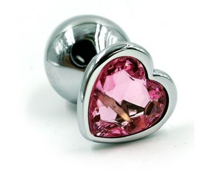 Серебристая анальная пробка с розовым кристаллом-сердцем - 6 см.