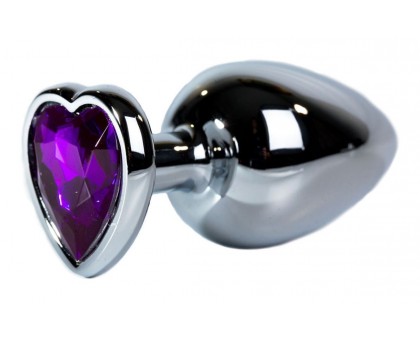 Серебристая анальная пробка с фиолетовым кристаллом-сердцем размера L - 9,5 см.