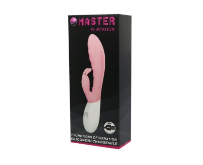 Розовый перезаряжаемый вибратор с клиторальным зайчиком Master Flirtation - 20 см.