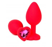 Красная силиконовая анальная пробка с розовым стразом-сердцем - 10,5 см.