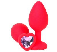 Красная силиконовая пробка с сиреневым кристаллом-сердечком - 7 см.