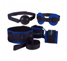 Сине-черный комплект для БДСМ-игр: наручники, кляп-шарик, маска, ошейник