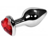 Серебристая анальная пробка с красным кристаллом-сердечком - 9 см.