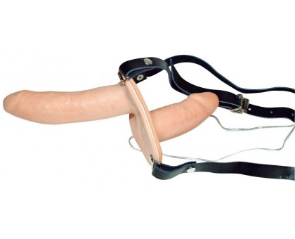 Телесный женский страпон с вагинальной пробкой Strap-On Duo - 15 см.
