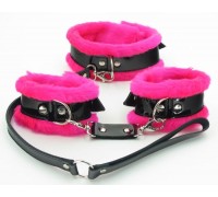 Черно-розовые меховые наручники и ошейник с поводком