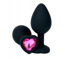Черная силиконовая пробка с розовым кристаллом-сердцем - 8,5 см.