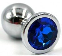 Серебристая коническая анальная пробка с синим кристаллом - 7 см.