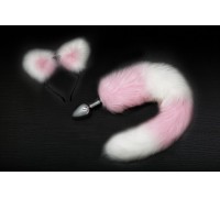 Серебристая анальная пробка с розово-белым хвостиком и ободком-ушками