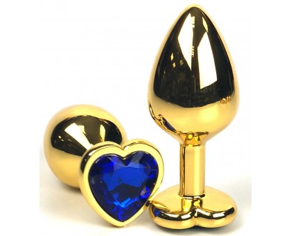 Золотистая анальная пробка с синим кристаллом-сердцем - 8 см.