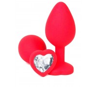 Красная силиконовая анальная пробка с прозрачным стразом-сердцем - 8 см.