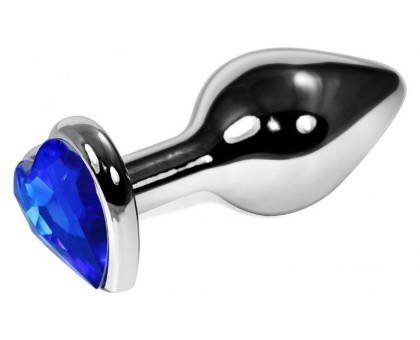 Серебристая анальная пробка с синим кристаллом-сердечком - 9 см.