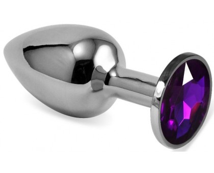 Серебристая гладкая анальная пробка с фиолетовым кристаллом - 5,5 см.