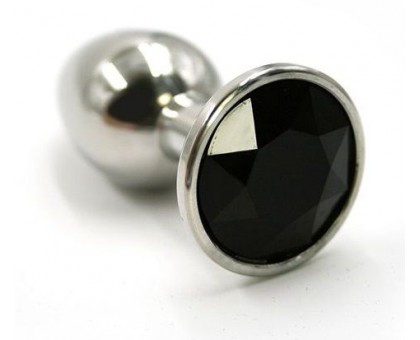 Серебристая алюминиевая анальная пробка с чёрным кристаллом - 7 см.