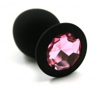 Чёрная силиконовая анальная пробка с светло-розовым кристаллом - 7 см.