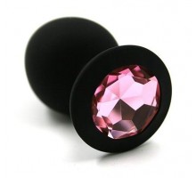 Чёрная силиконовая анальная пробка с светло-розовым кристаллом - 7 см.