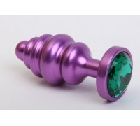 Фиолетовая ребристая анальная пробка с зеленым кристаллом - 7,3 см.