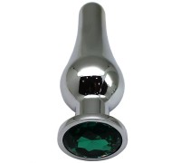 Серебристая анальная пробка с зеленым кристаллом - 13 см.