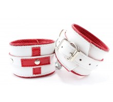 Бело-красные кожаные наручники  Медсестричка 