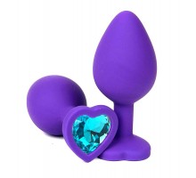 Фиолетовая силиконовая анальная пробка с голубым стразом-сердцем - 8,5 см.