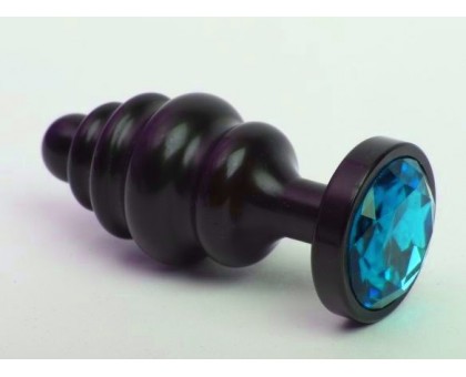 Чёрная ребристая анальная пробка с голубым кристаллом - 7,3 см.