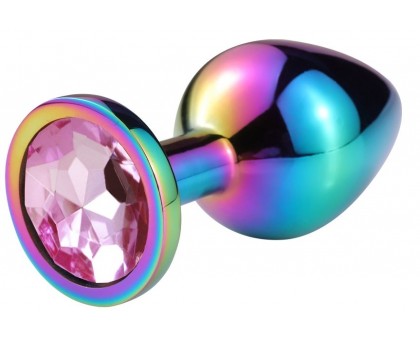 Разноцветная гладкая анальная пробка с нежно-розовым кристаллом - 7,5 см.