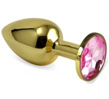 Золотистая анальная пробка с нежно-розовым кристаллом - 5,5 см.