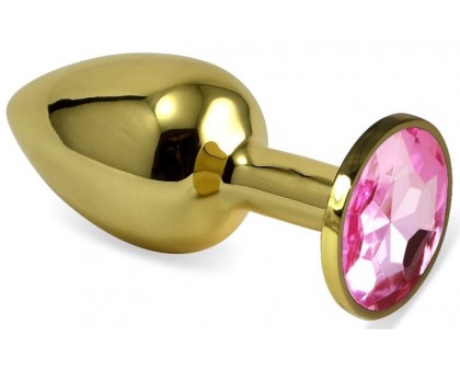 Золотистая анальная пробка с нежно-розовым кристаллом - 5,5 см.