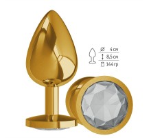 Золотистая большая анальная пробка с прозрачным кристаллом - 9,5 см.