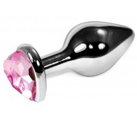 Серебристая анальная пробка со светло-розовым кристаллом-сердцем - 8 см.