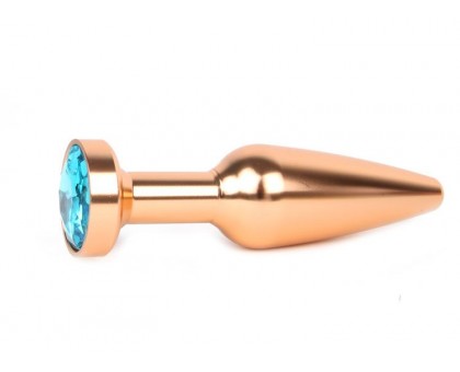 Удлиненная коническая гладкая золотистая анальная втулка с голубым кристаллом - 11,3 см.