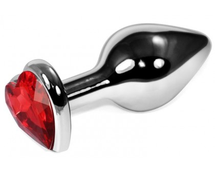 Серебристая коническая анальная пробка с красным кристаллом-сердцем - 8 см.