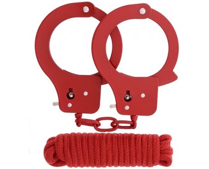 Красные наручники из листового металла в комплекте с веревкой BONDX METAL CUFFS LOVE ROPE SET