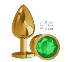 Золотистая большая анальная пробка с зеленым кристаллом - 9,5 см.