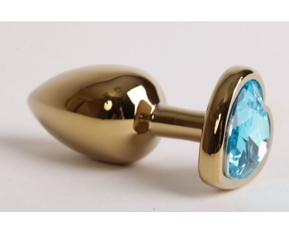 Золотистая анальная пробка с голубым стразиком-сердечком - 7,5 см.
