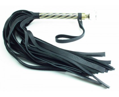 Черная плеть с широкими хлыстами и металлической ручкой с кристаллом - 60 см.