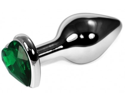 Серебристая анальная пробочка с зеленым кристаллом-сердцем - 9 см.