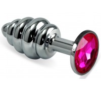 Серебристая  ребристая металлическая анальная пробка с розовым кристаллом - 8 см.