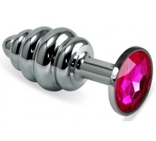 Серебристая  ребристая металлическая анальная пробка с розовым кристаллом - 8 см.