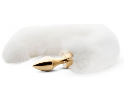 Золотистая анальная пробка с белым пушистым хвостом Fox Tail Plug