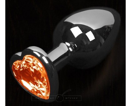 Серая анальная пробка с оранжевым кристаллом в виде сердечка - 8,5 см.