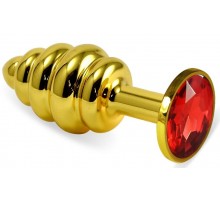 Золотистая ребристая анальная пробка с красным кристаллом - 7,5 см. 