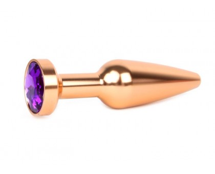 Удлиненная коническая гладкая золотистая анальная втулка с кристаллом фиолетового цвета - 11,3 см.
