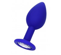 Синяя анальная пробка с прозрачным кристаллом - 7,3 см.