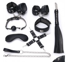 Пикантный черный набор БДСМ: маска, ошейник, кляп, фиксатор, наручники, оковы, плеть