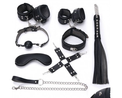 Пикантный черный набор БДСМ: маска, ошейник, кляп, фиксатор, наручники, оковы, плеть